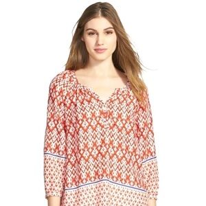 Beach Lunch Lounge Red Sonya Print Long Sleeve‎ Peasant Blouse Size Small